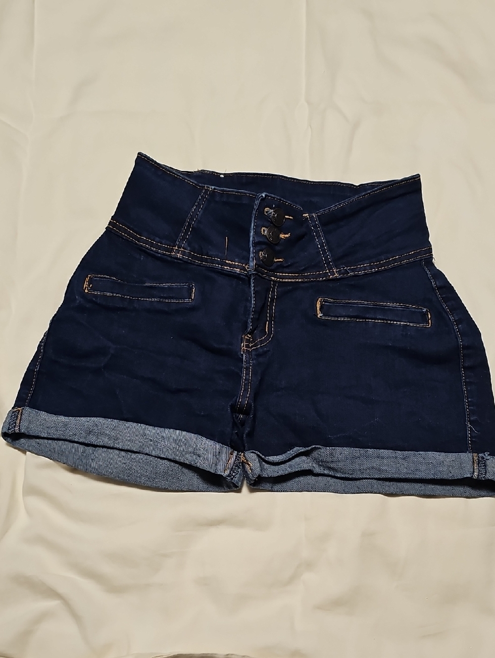 BAMBOO High-Waist Navy Blue Cuffed Denim Shorts